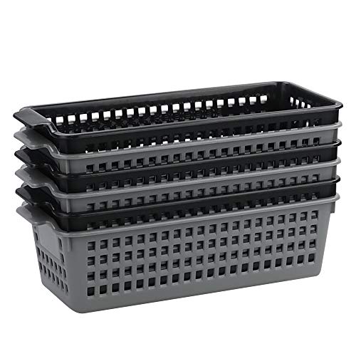 Qqbine Plastic Small Rectangle Storage Basket, Black and Grey, 6 Packs