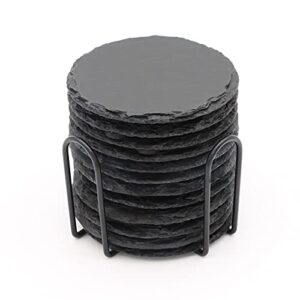 12 pcs round slate drink coasters set, sijdiee 4 inch black slate stone coasters with anti-scratch bottom and coaster holder for office bar kitchen home dinner table decor supplies
