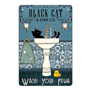 funny bathroom retro metal tin sign – black cat wash your paws – vintage aluminum sign for home toilet restaurant kitchen bar coffee wall decor art gift for women men friends 8×12 inches…