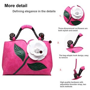 QUEENSHOW Classic Engraved Rose Soft PU Leather Flower Handbag Hobo Bag Tote Bag Shoulder Bags for Women rose red