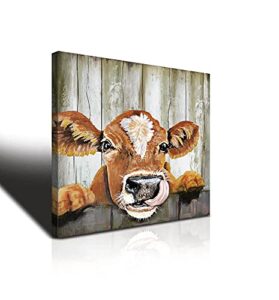 zengdannian farmhouse canvas printing rustic bedroom decor retro cow wall art home artwork print used in bathroom office fireplace kitchen dining room decorate cute watercolor (12inchx12inch