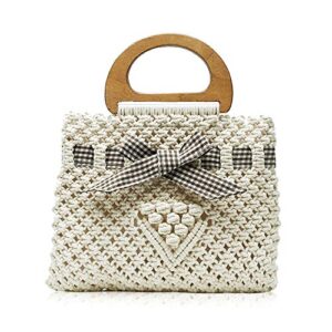 qtkj boho women’s summer beach straw crochet bag, hand-woven hollow out cotton tote bag purse with bow (white)