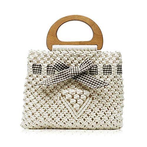 QTKJ Boho Women's Summer Beach Straw Crochet Bag, Hand-Woven Hollow Out Cotton Tote Bag Purse with Bow (White)