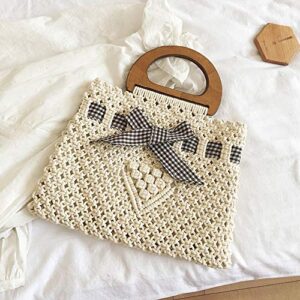 QTKJ Boho Women's Summer Beach Straw Crochet Bag, Hand-Woven Hollow Out Cotton Tote Bag Purse with Bow (White)