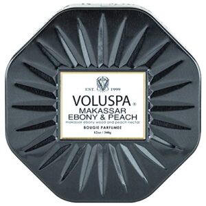 voluspa makassar ebony & peach candle | 3 wick tin | all natural wicks and coconut wax for clean burning | 12 oz.