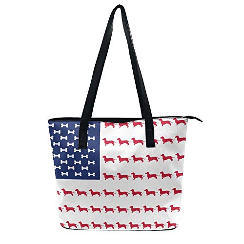 Tote-Handbag Gift for Women, Hobo Shoulder Tote Bags Travel Weekender Bag Shopper Handbag Leather Large Capacity Top Handle Satchel Daily Purse (Dachshund American Flag)