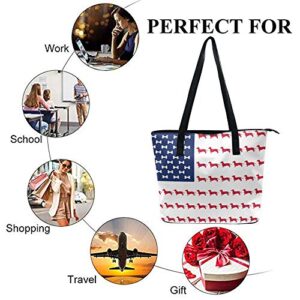 Tote-Handbag Gift for Women, Hobo Shoulder Tote Bags Travel Weekender Bag Shopper Handbag Leather Large Capacity Top Handle Satchel Daily Purse (Dachshund American Flag)