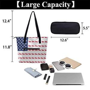 Tote-Handbag Gift for Women, Hobo Shoulder Tote Bags Travel Weekender Bag Shopper Handbag Leather Large Capacity Top Handle Satchel Daily Purse (Dachshund American Flag)