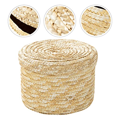 Storage Basket Straw Woven Storage Baskets with Lid Round Sundries Basket Gift Basket Desktop Storage Organizer for Vanity Cabinet Office 14x13cm Woven Storage Basket