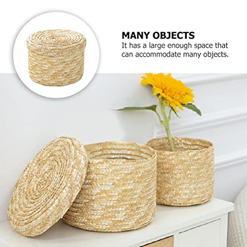 Storage Basket Straw Woven Storage Baskets with Lid Round Sundries Basket Gift Basket Desktop Storage Organizer for Vanity Cabinet Office 14x13cm Woven Storage Basket