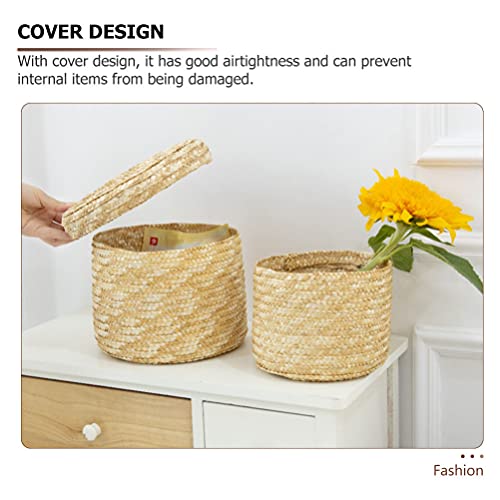 Storage Basket Straw Woven Storage Baskets with Lid Round Sundries Basket Gift Basket Desktop Storage Organizer for Vanity Cabinet Office 14x13cm Woven Storage Basket