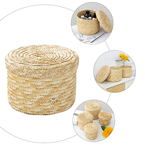 Storage Basket Straw Woven Storage Baskets with Lid Round Sundries Basket Gift Basket Desktop Storage Organizer for Vanity Cabinet Office 14x13cm Woven Storage Basket