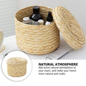 Storage Basket Straw Woven Storage Baskets with Lid Round Sundries Basket Gift Basket Desktop Storage Organizer for Vanity Cabinet Office 14x13cm Woven Storage Basket