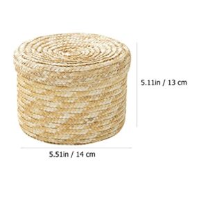 Storage Basket Straw Woven Storage Baskets with Lid Round Sundries Basket Gift Basket Desktop Storage Organizer for Vanity Cabinet Office 14x13cm Woven Storage Basket