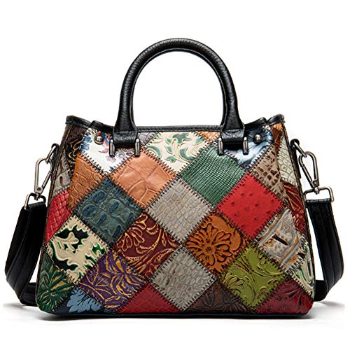 Segater Women Multicolor Splicing Handbag Genuine Leather Tote RANDOM Colorful Top-handle Shoulder Bag Printing Satchels Purses