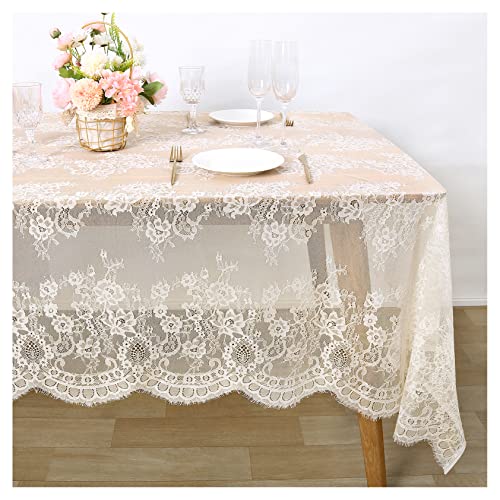 Fanqisi Ivory Lace Tablecloth 60x120 Inches Classic Wedding Lace Tablecloths Overlay Party Table Cover for Bridal Shower Reception Table Decoration