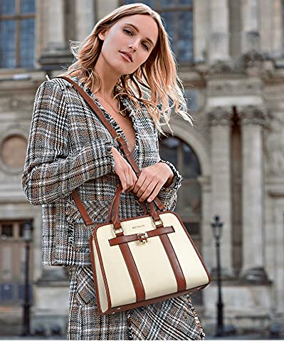 BOSTANTEN Women Leather Handbags Fashion Designer Purses Two Tone Satchel Top Handle Bags with Crossbody Strap,Beige