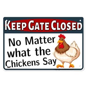 anjooy metal tin signs chicken warning sign danger keep gate closed – no matter what the chickens say – funny gag gifts for chicken fan lovers indoor outdoor chickens plaque wall decor art 8″x12″