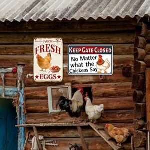 ANJOOY Metal Tin Signs Chicken Warning Sign Danger Keep Gate Closed - No Matter What The Chickens Say - Funny Gag Gifts for Chicken Fan Lovers Indoor Outdoor Chickens Plaque Wall Decor Art 8"x12"