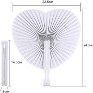 Zwin 48 Pcs Heart Shaped Paper Fans for Wedding Pocket Folding Paper Fans with Plastic Handle White Blank Fans for Guest Celebration Party Decoration