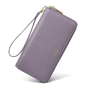 leather zip around wallet for women, genuine leather rfid blocking gift box packing 17 card slots ladies long wallet purses with zipper coin pocket women’s clutch wallets with wristband (light purple)