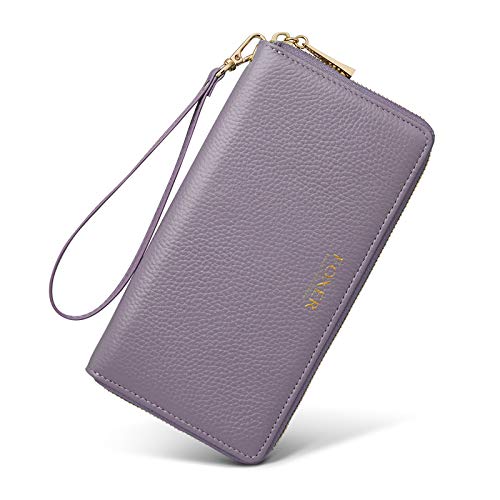 Leather Zip Around Wallet for Women, Genuine Leather RFID Blocking Gift Box Packing 17 Card Slots Ladies Long Wallet Purses with Zipper Coin Pocket Women's Clutch Wallets with Wristband (Light purple)