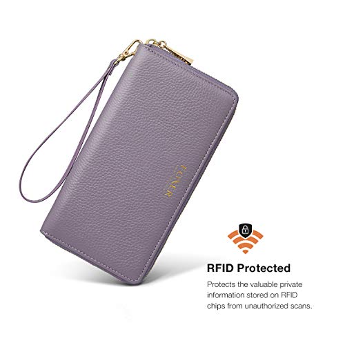 Leather Zip Around Wallet for Women, Genuine Leather RFID Blocking Gift Box Packing 17 Card Slots Ladies Long Wallet Purses with Zipper Coin Pocket Women's Clutch Wallets with Wristband (Light purple)