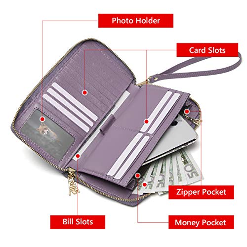 Leather Zip Around Wallet for Women, Genuine Leather RFID Blocking Gift Box Packing 17 Card Slots Ladies Long Wallet Purses with Zipper Coin Pocket Women's Clutch Wallets with Wristband (Light purple)