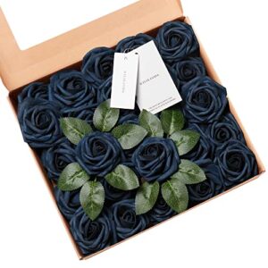 h.flolavida navy blue foam rose artificial flowers heads with stems, 25pcs fake flowers for diy wedding decor, baby shower, bridal shower, wedding bouquet,party centerpiece table decorations, 1 box