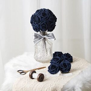 H.FLOLAVIDA Navy Blue Foam Rose Artificial Flowers Heads with Stems, 25pcs Fake Flowers for DIY Wedding Decor, Baby Shower, Bridal Shower, Wedding Bouquet,Party Centerpiece Table Decorations, 1 box