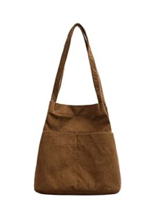 wdirara women’s corduroy hobo bags shopper tote bag side pocket shoulder handbags brown one-size
