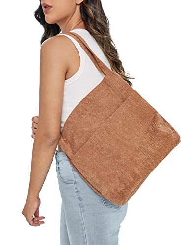 WDIRARA Women's Corduroy Hobo Bags Shopper Tote Bag Side Pocket Shoulder Handbags Brown one-size