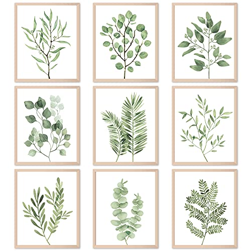 Tevxj 9PCS Botanical Plant Wall Art Prints Green Plant Wall Decor Boho Herb Wall Decor Pictures Minimalist Wall Art Photo Prints for Living Room Kitchen Leaves (8"x10", Unframed)