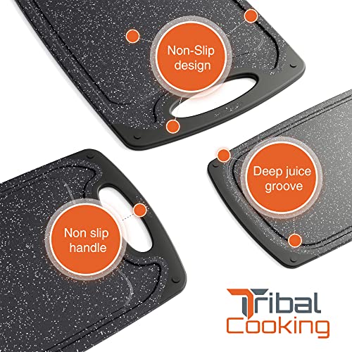 Tribal Cooking Cutting Boards - 3 Set - Warrior Strength Small to Extra Large Cutting Boards for Kitchen, Meat, Vegetables - Dishwasher Safe, Juice Groove, Non-Slip Rubber Chopping Board Set