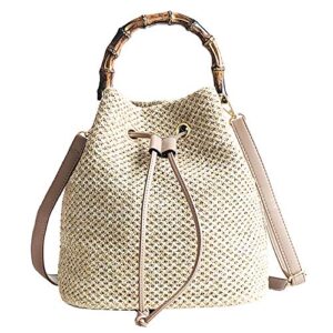 zlm bag us drawstring straw bucket bag bamboo joint handle tote purse pu leather strap crossbody shoulder bag