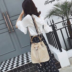 ZLM BAG US Drawstring Straw Bucket Bag Bamboo Joint Handle Tote Purse Pu Leather Strap Crossbody Shoulder Bag