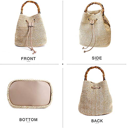 ZLM BAG US Drawstring Straw Bucket Bag Bamboo Joint Handle Tote Purse Pu Leather Strap Crossbody Shoulder Bag