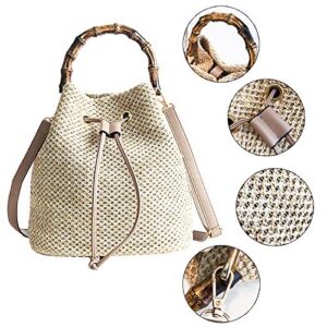 ZLM BAG US Drawstring Straw Bucket Bag Bamboo Joint Handle Tote Purse Pu Leather Strap Crossbody Shoulder Bag