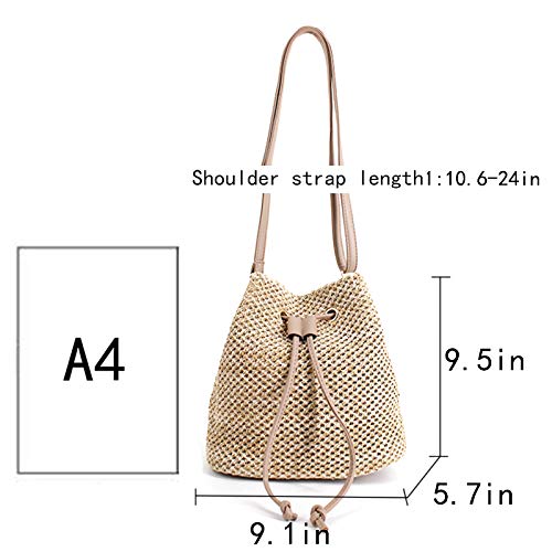 ZLM BAG US Drawstring Straw Bucket Bag Bamboo Joint Handle Tote Purse Pu Leather Strap Crossbody Shoulder Bag