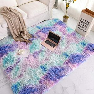 meeting story shaggy tie dye rugs for girls living room nursery kids, fluffy shag fuzzy soft carpet for bedroom, indoor foyer floor mat, thick plush bedside area rug non-skid (blue purple,3’x5′)