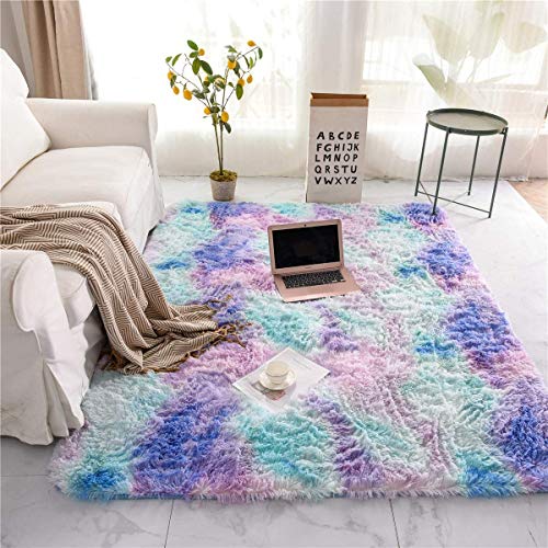 Meeting Story Shaggy Tie Dye Rugs for Girls Living Room Nursery Kids, Fluffy Shag Fuzzy Soft Carpet for Bedroom, Indoor Foyer Floor Mat, Thick Plush Bedside Area Rug Non-Skid (Blue Purple,3'x5')