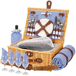 greenstell wicker picnic basket sets for 4 persons with high sealing insulation layer,waterproof picnic mat, removable strap and wine bag, tableware, picnic basket for family,party,outdoor,camping