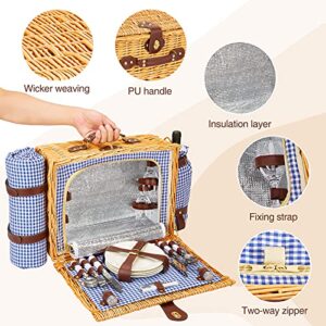 Greenstell Wicker Picnic Basket Sets for 4 Persons with High Sealing Insulation Layer,Waterproof Picnic Mat, Removable Strap and Wine Bag, Tableware, Picnic Basket for Family,Party,Outdoor,Camping