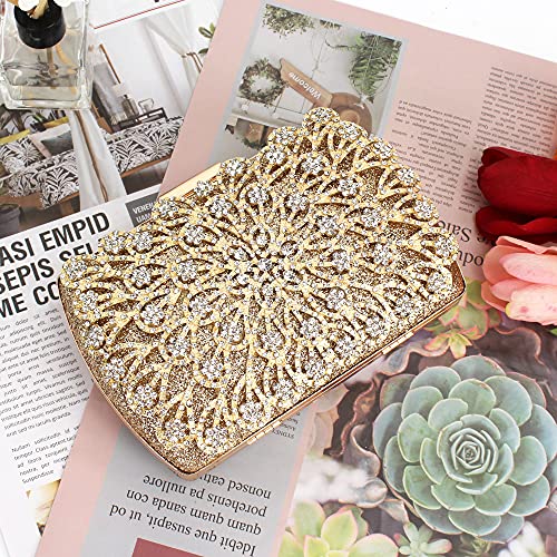 Women Evening Clutch Purses Flower Crystal Rhinestone Evening Handbag for Party Wedding,Gold