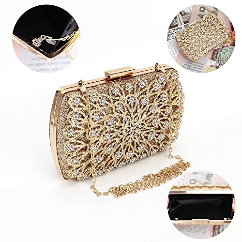 Women Evening Clutch Purses Flower Crystal Rhinestone Evening Handbag for Party Wedding,Gold