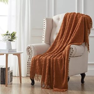 sunstyle home rust throw blanket for couch 50 x 60 inches – decorative knitted summer blankets with tassels – soft lightweight woven textured solid farmhouse throw for all seasons