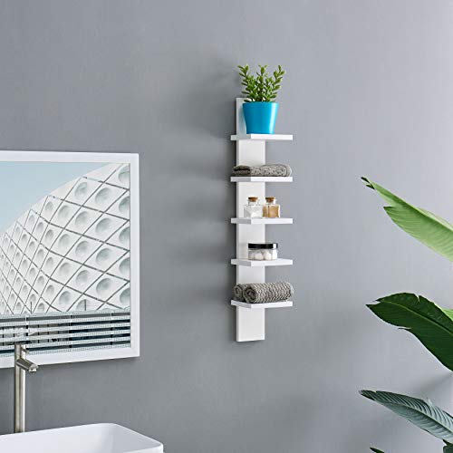 Danya B 5 Tier Wall Shelf Unit Narrow Smooth Laminate Finish - Vertical Column Shelf Floating Storage Home Decor Organizer Tall Tower Design Utility Shelf Bedroom Living Room 5.1" x 6" x 30" (White)