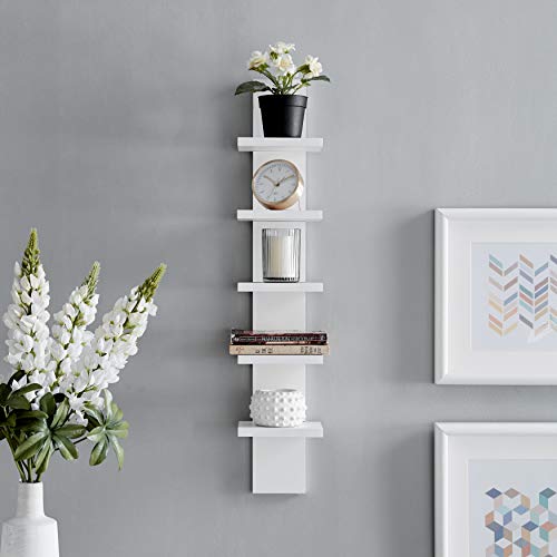 Danya B 5 Tier Wall Shelf Unit Narrow Smooth Laminate Finish - Vertical Column Shelf Floating Storage Home Decor Organizer Tall Tower Design Utility Shelf Bedroom Living Room 5.1" x 6" x 30" (White)