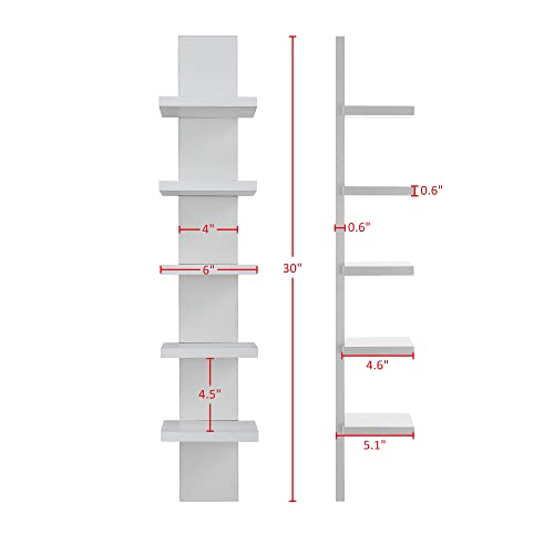 Danya B 5 Tier Wall Shelf Unit Narrow Smooth Laminate Finish - Vertical Column Shelf Floating Storage Home Decor Organizer Tall Tower Design Utility Shelf Bedroom Living Room 5.1" x 6" x 30" (White)