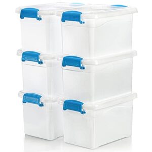 zoofox 6 pack plastic lidded storage bins, 6 quart clear latch container box with blue handle and lid, stackable latching boxes for organizing